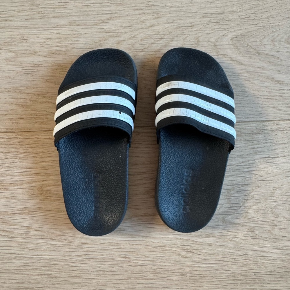 Adidas Kids Black Slide Sandals with White Stripes